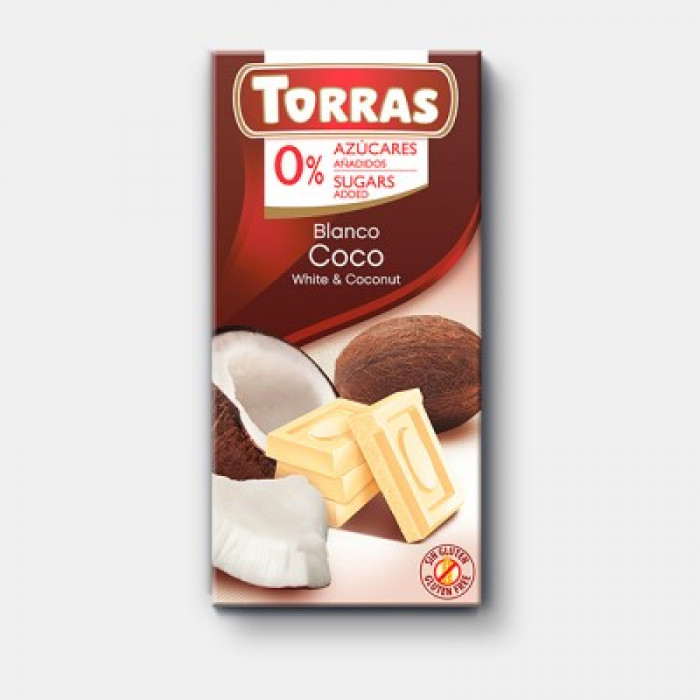 Baltā šokolāde ar kokosriekstu, Torras, 75 g Proteīna batoniņi, šokolāde, šokolādes čipsi