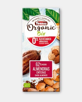 Organiskā tumšā šokolāde 62% kakao ar veselām mandelēm, Torras, 150 g