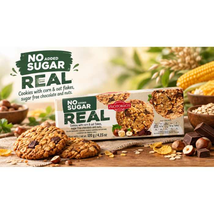 REAL cookies with corn and oat flakes, chocolate and nuts, sugar-free, Złotokłos, 120 g
