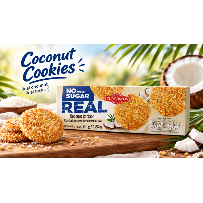 Krõbedad kookosküpsised REAL, suhkruvaba, Złotokłos, 120 g