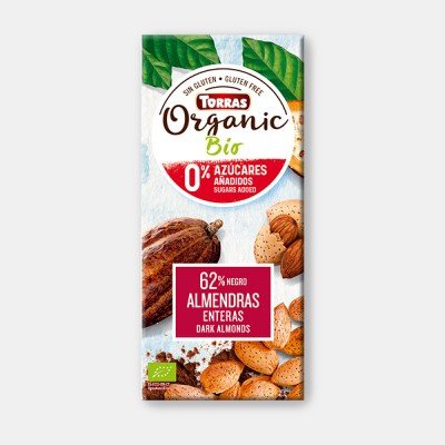Organiskā tumšā šokolāde 62% kakao ar veselām mandelēm, Torras, 150 g